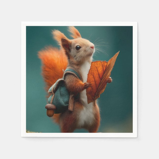 Whimsical Squirrel with a Backpack and Autumn Leaf Napkins (Front)