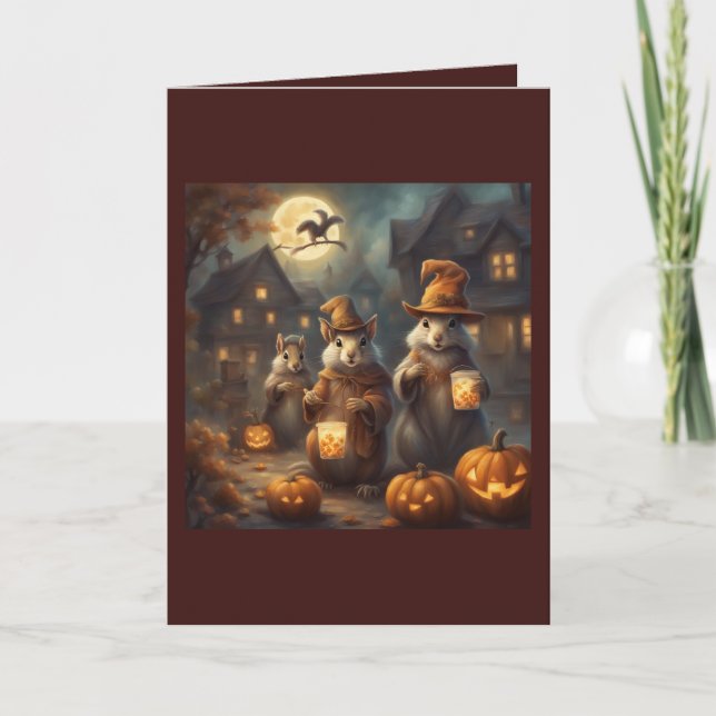 Whimsical Squirrels Trick or Treat Halloween    Card (Front)