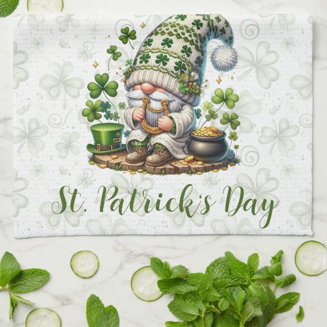 Whimsical St. Patrick’s Day Gnome  Kitchen Towel (Folded)