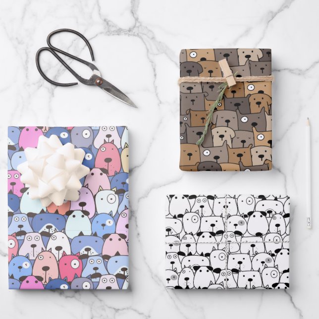 Whimsical Stacked Dogs Wrapping Paper Sheets (Front)