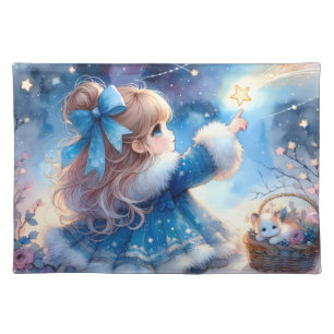 Whimsical Star Gazer Girl Watercolor Cloth Placemat
