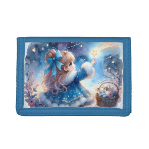 Whimsical Star Gazer Girl Watercolor Tri-fold Wallet