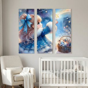 Whimsical Star Gazer Girl Watercolor Triptych