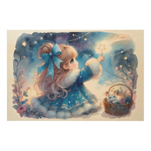 Whimsical Star Gazer Girl Watercolor Wood Wall Art