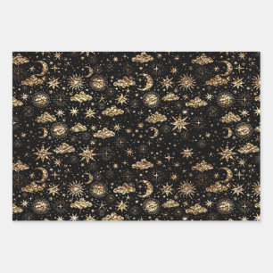 Whimsical Star Moon Planets Gold On Black Wrapping Paper Sheets