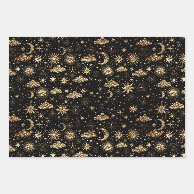 Whimsical Star Moon Planets Gold On Black Wrapping Paper Sheets (Front)