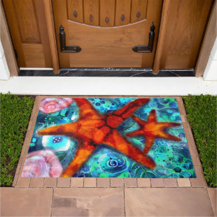 Whimsical Starfish and Seashells Nautical Doormat