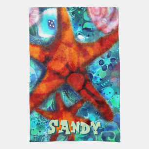 Whimsical Starfish Seashells Beach Personalized Kitchen Towel