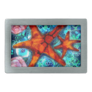 Whimsical Starfish Seashells Beach Teal Pink Belt Buckle