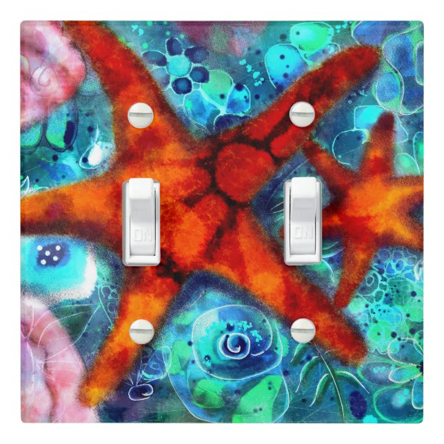 Whimsical Starfish Seashells Beach Teal Pink Light Switch Cover (In Situ)