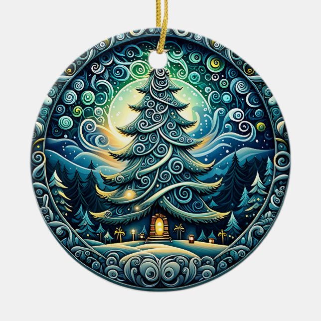 Whimsical Starry Night Christmas Tree Ornament (Front)
