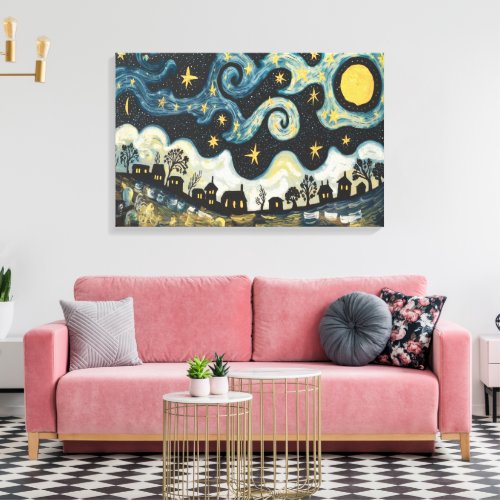 Whimsical Starry Night Over Village Canvas Art