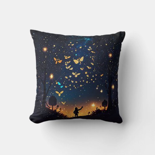 Whimsical Starry Night Sky with Glowing Fireflies Throw Pillow