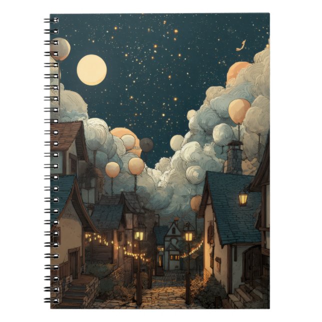 Whimsical Starry Village Night Notebook (Front)