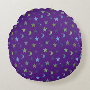 Whimsical Stars and Moons on Purple Round Pillow
