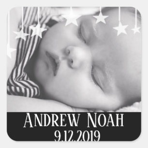 Whimsical Stars New Baby Name and Date Square Sticker
