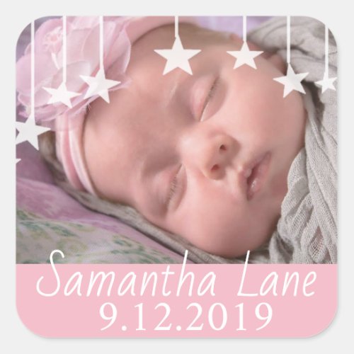 Whimsical Stars New Baby Name and Date Square Sticker