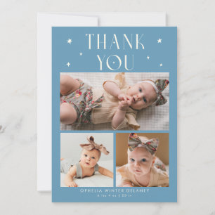 Whimsical Stars Photo Grid Denim Blue Birth Announcement