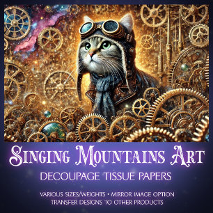 Whimsical Steampunk Cat Cosmic Journey Decoupage  Tissue Paper