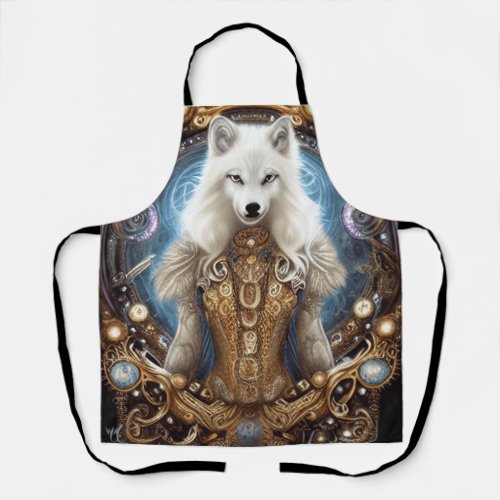 Whimsical steampunk charming white wolf  apron