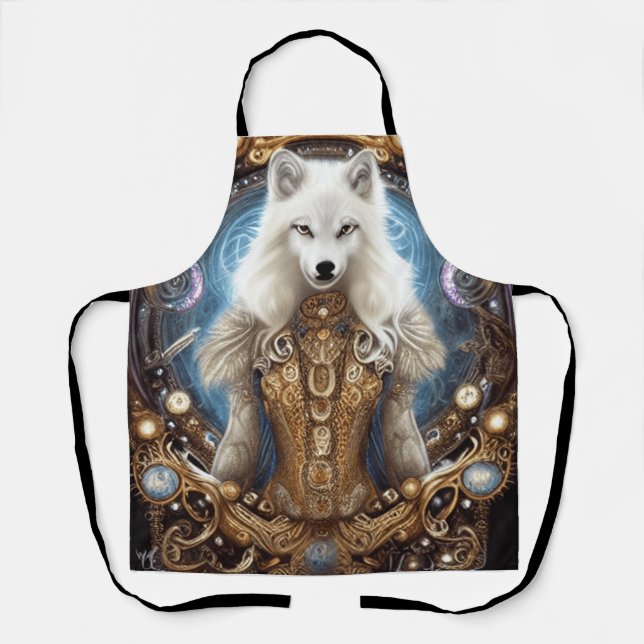 Whimsical steampunk charming white wolf  apron (Front)