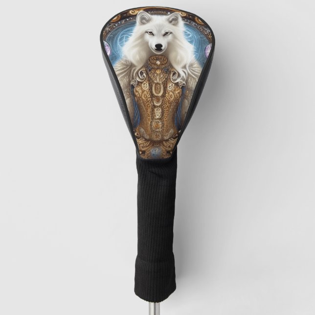 Whimsical steampunk charming white wolf  golf head cover (Front)