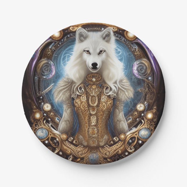 Whimsical steampunk charming white wolf  paper plates (Front)