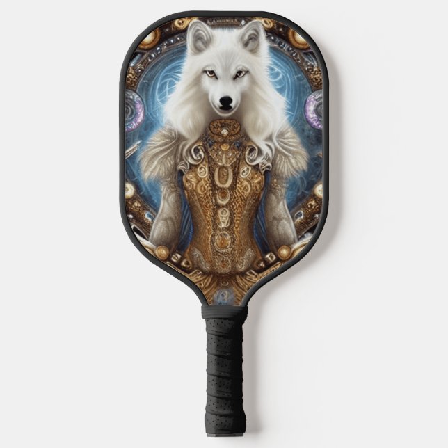 Whimsical steampunk charming white wolf  pickleball paddle (Front)