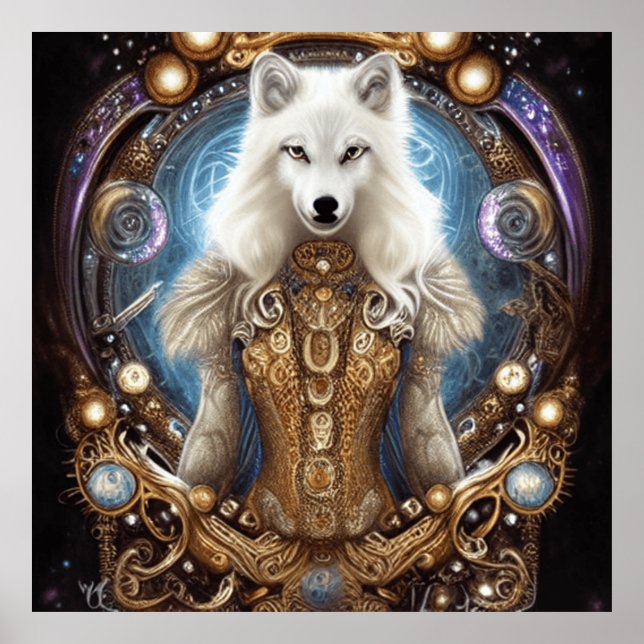 Whimsical steampunk charming white wolf poster (Front)