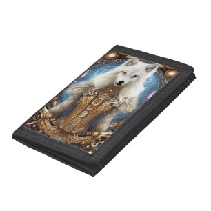 Whimsical steampunk charming white wolf  tri-fold wallet