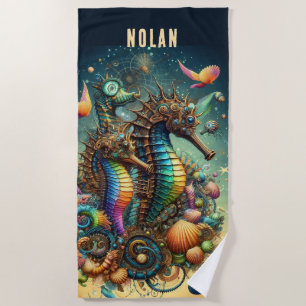 WHIMSICAL STEAMPUNK COLORFUL SEAHORSES BEACH TOWEL