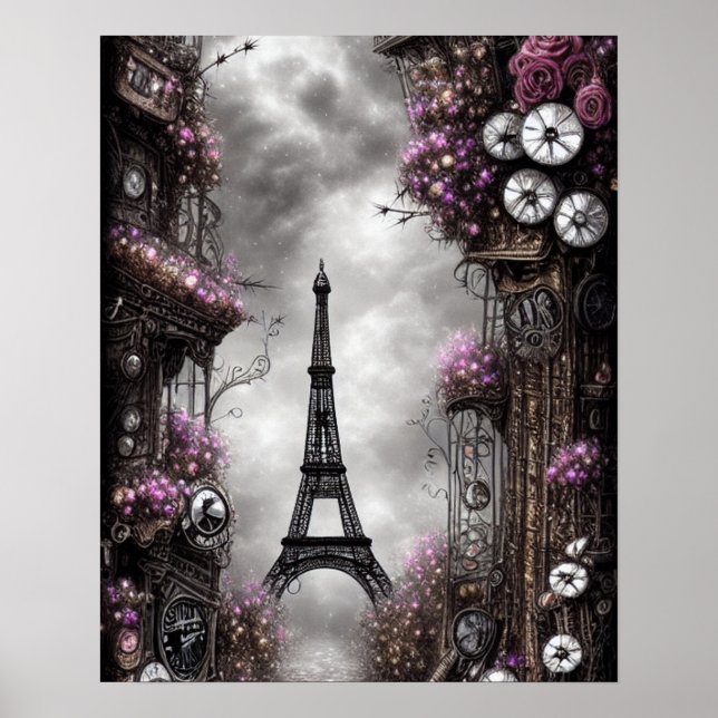 Whimsical Steampunk Fantasy Eiffel Tower Paris Poster (Front)