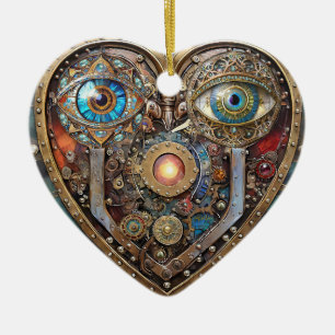 Whimsical Steampunk Heart I See You I Love You Ceramic Ornament