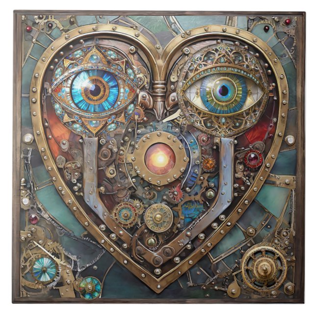 Whimsical Steampunk Heart I See You I Love You Ceramic Tile (Front)