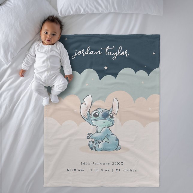 Whimsical Stitch Sky Scene Birth Stats Fleece Blanket (Blanket simulated on bed)