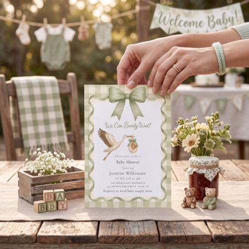 Whimsical Stork Baby Shower  Green Gingham Invitation