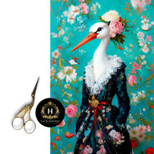 Whimsical Stork in Floral Dress Elegant Decoupage