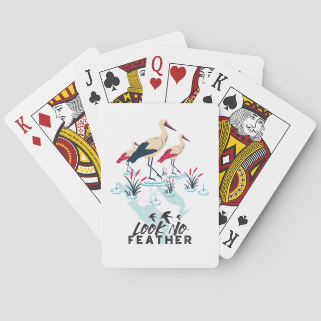 Whimsical Stork Pun Art - 'Look No Feather' Poker Cards (Back)
