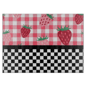 Whimsical Strawberries and Checkerboard Cutting Board