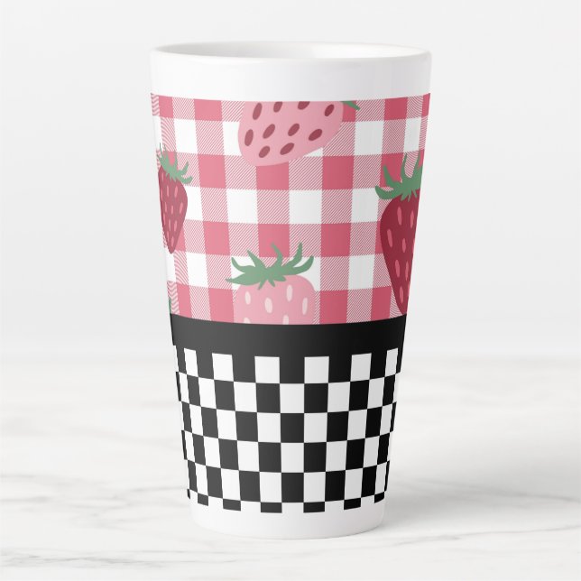 Whimsical Strawberries and Checkerboard  Latte Mug (Front)