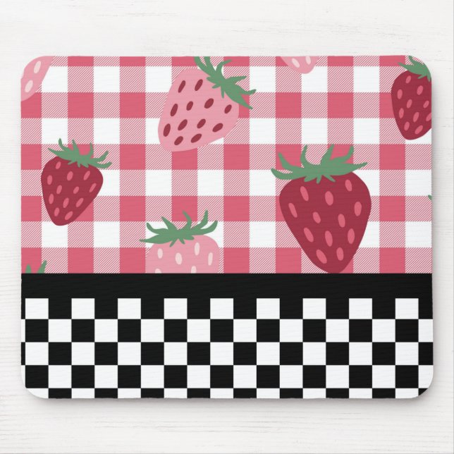 Whimsical Strawberries and Checkerboard  Mouse Pad (Front)