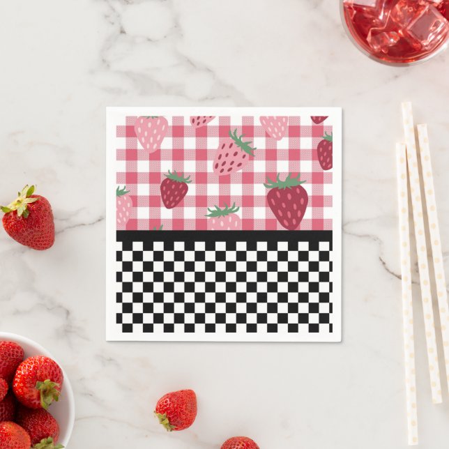 Whimsical Strawberries and Checkerboard   Napkins (Insitu)