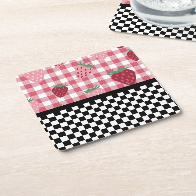 Whimsical Strawberries and Checkerboard  Square Paper Coaster (Angled)