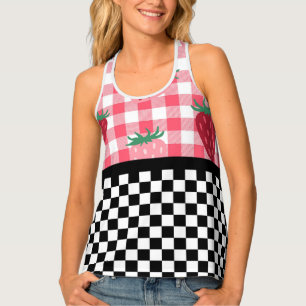 Whimsical Strawberries and Checkerboard Tank Top