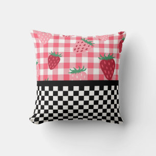 Whimsical Strawberries and Checkerboard Throw Pillow