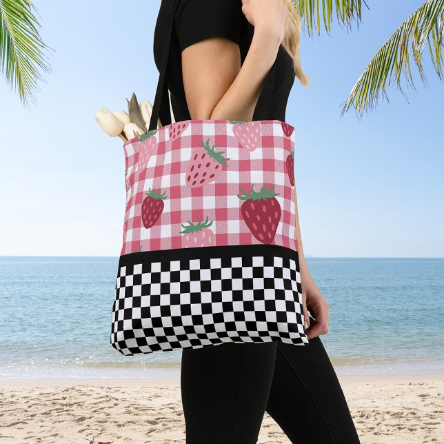 Whimsical Strawberries and Checkerboard  Tote Bag (Creator Uploaded)
