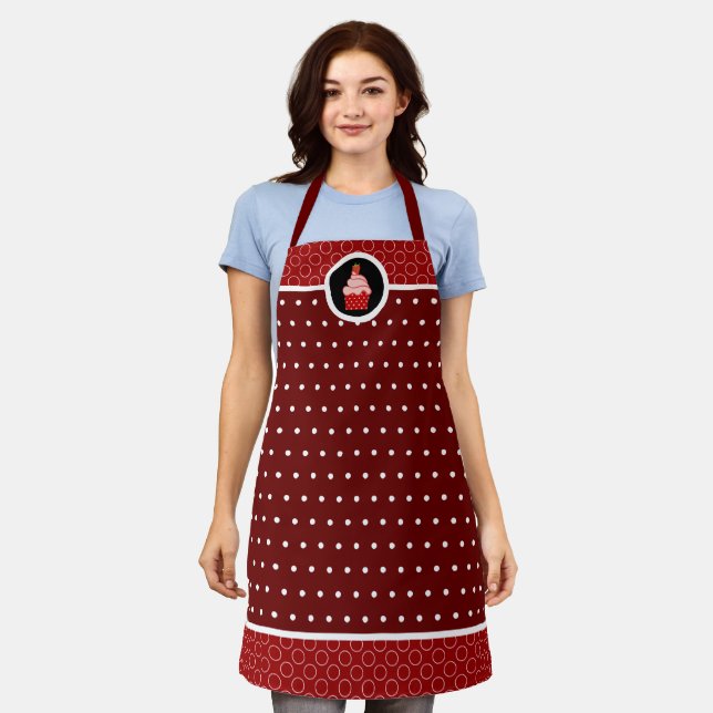 Whimsical Strawberry Cupcake Polka Dot Circle Apron (Worn)