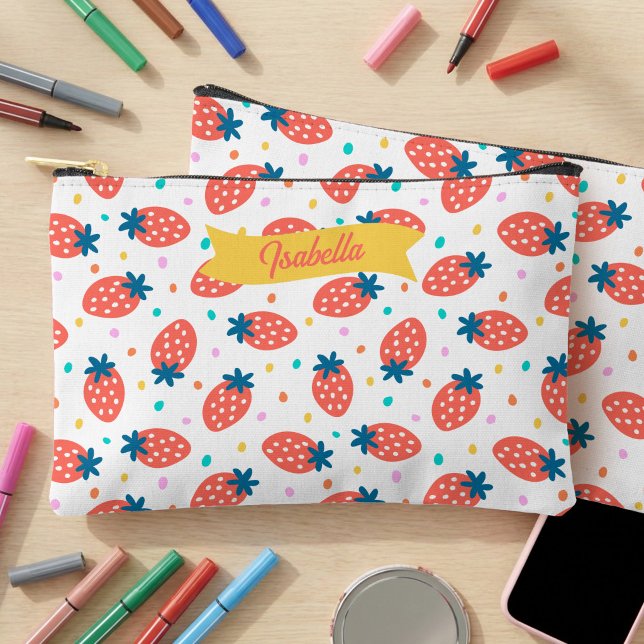 Whimsical Strawberry & Dots Personalized Pencil & Accessory Pouch (Strawberry and Polka Dot bright colorful personalized pencil pouch)
