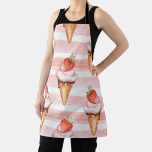 Whimsical Strawberry Ice Cream Watercolor Apron