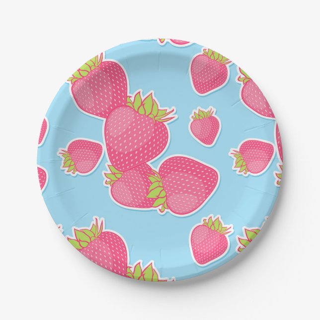 Whimsical Strawberry Pattern on Blue Paper Plates (Front)